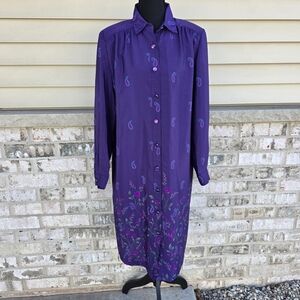 Vintage 90s Leslie Fay Purple Paisley Floral Shirt Dress Size 10